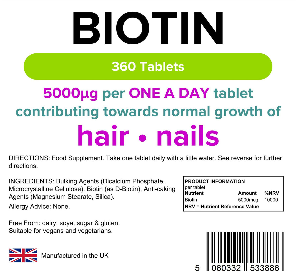 Lindens Biotin 5.0mg - 360 Tablets