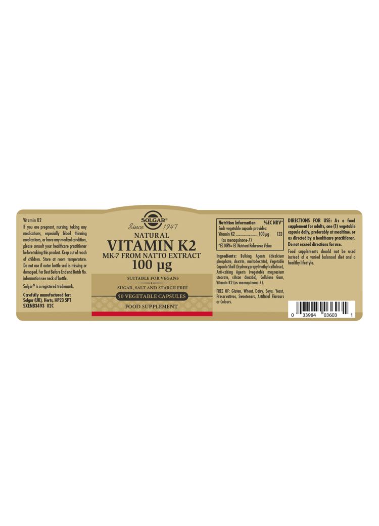 Solgar Natural Vitamin K2 (MK-7) 100 µg  - 50 Vegicaps