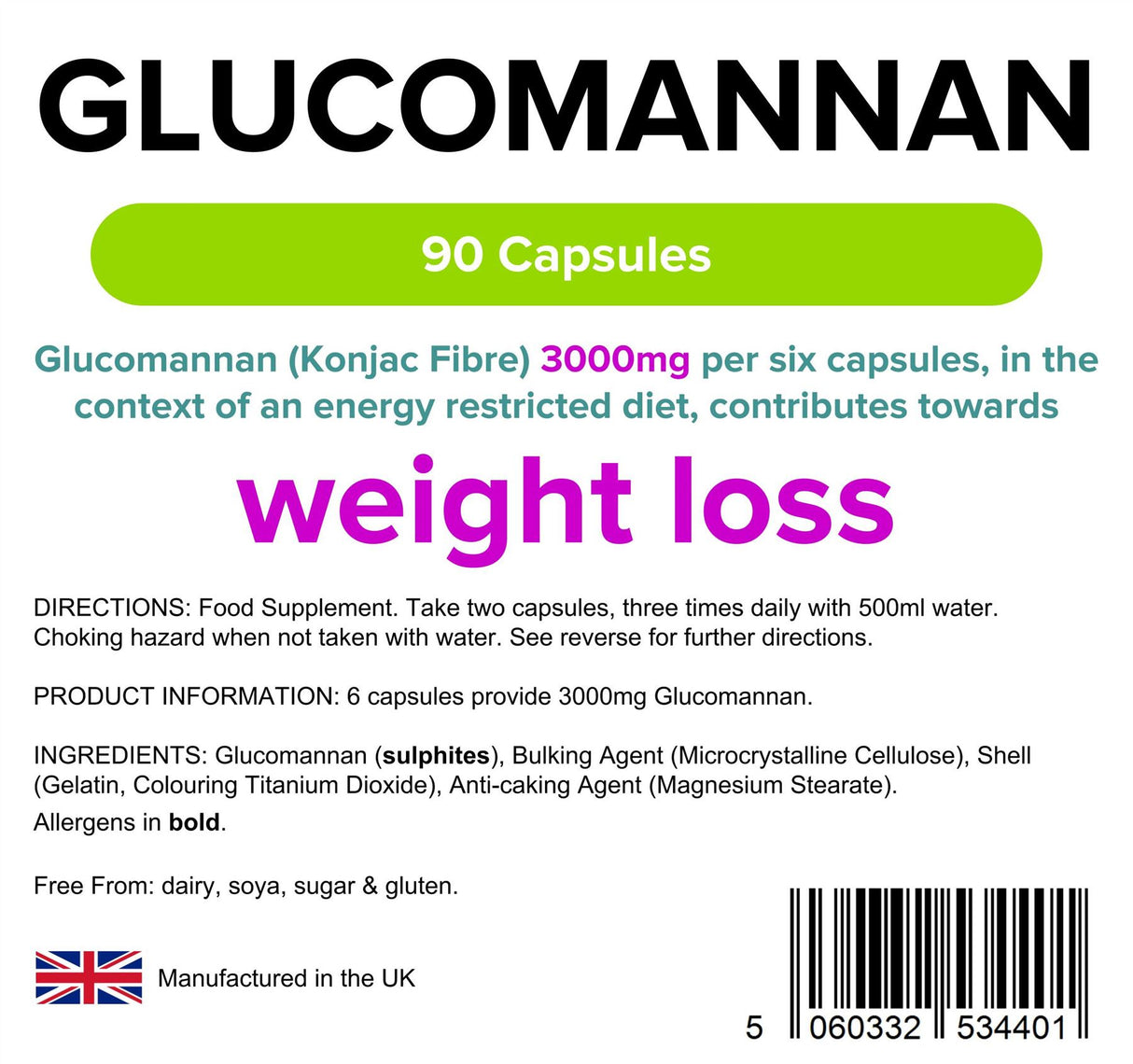 Lindens Glucomannan (Konjac Fibre) 500mg - 90 Capsules