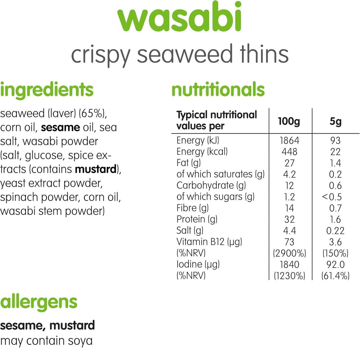 Itsu Crispy Wasabi Flavour Seaweed Thins Snack 5g - Pack of 32