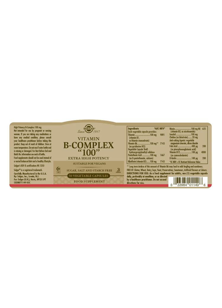 Solgar Vitamin B-Complex "100" Extra High Potency - 50 Vegicaps