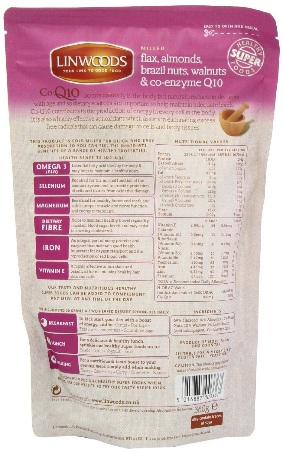 Linwoods Milled Flaxseed, Almonds, Brazil Nuts, Walnuts and Co-q10 360g