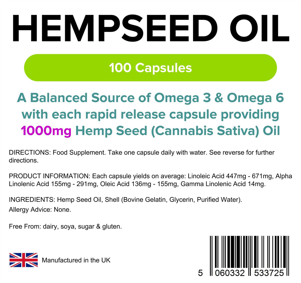 Lindens Hemp Seed Oil 1000mg - 100 Capsules