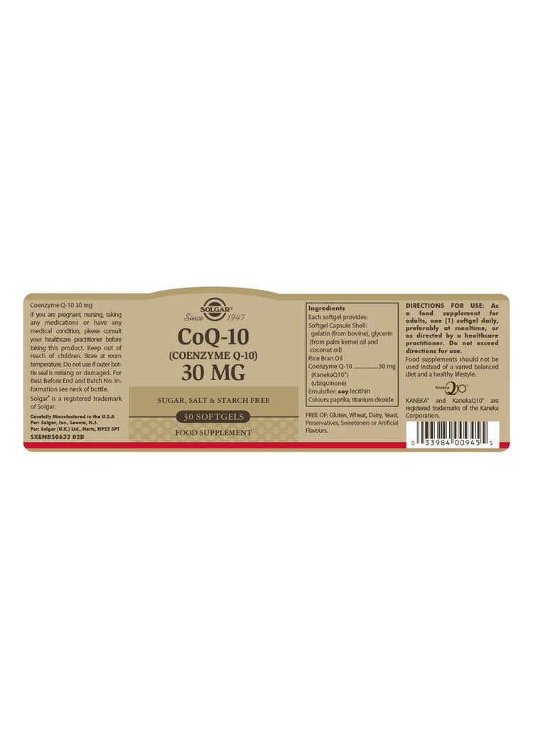 Solgar CoQ-10 (Coenzyme Q-10) 30 mg - 30 Softgels